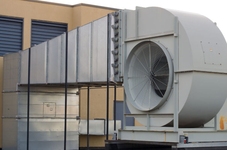 View of a commercial building roof air vent system.