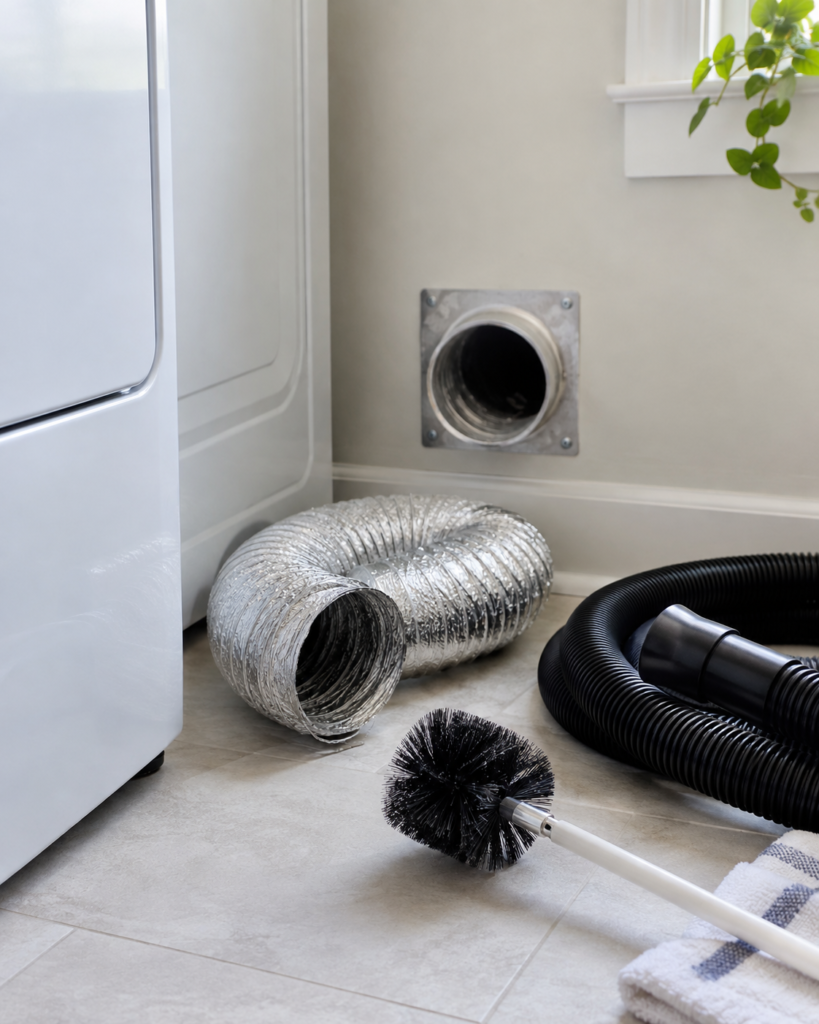 View of a residential home dryer vent detached from the air duct with cleaning tools.