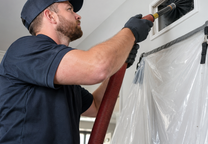 An air duct technician cleaning the air vent of a residential home air duct.