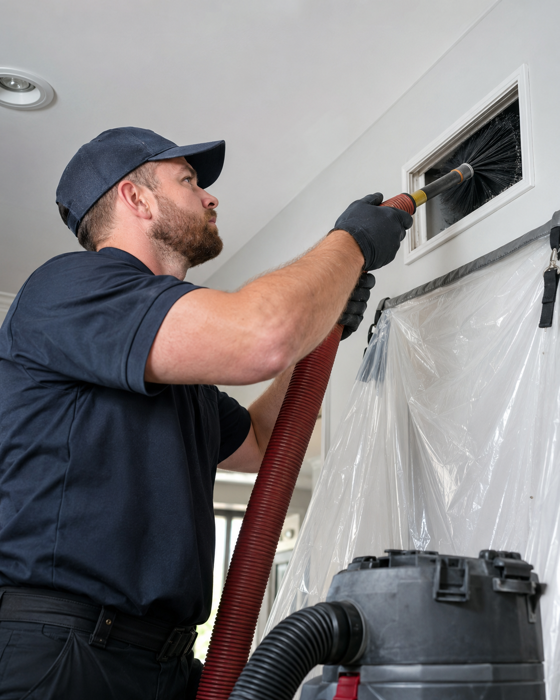 An air duct technician cleaning the air vent of a residential home air duct.