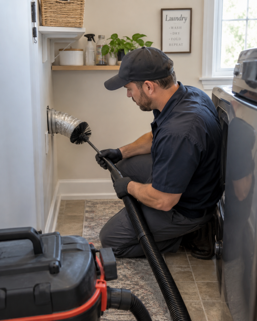 An air duct technician cleaning the dryer vent of a residential home dryer.