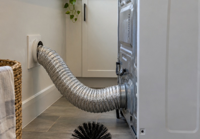 Rear view of a dryer vent air duct.