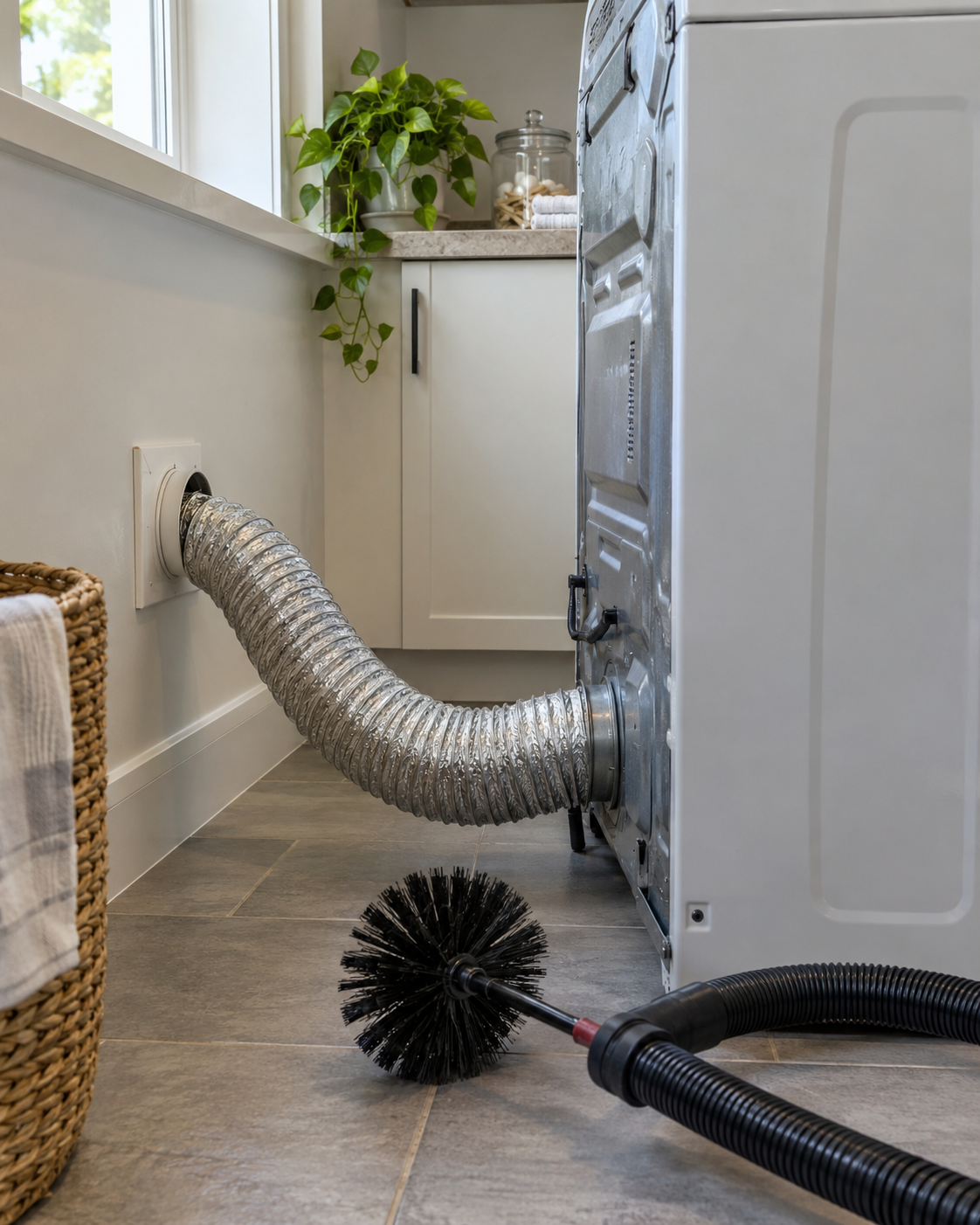 Rear view of a dryer vent air duct.