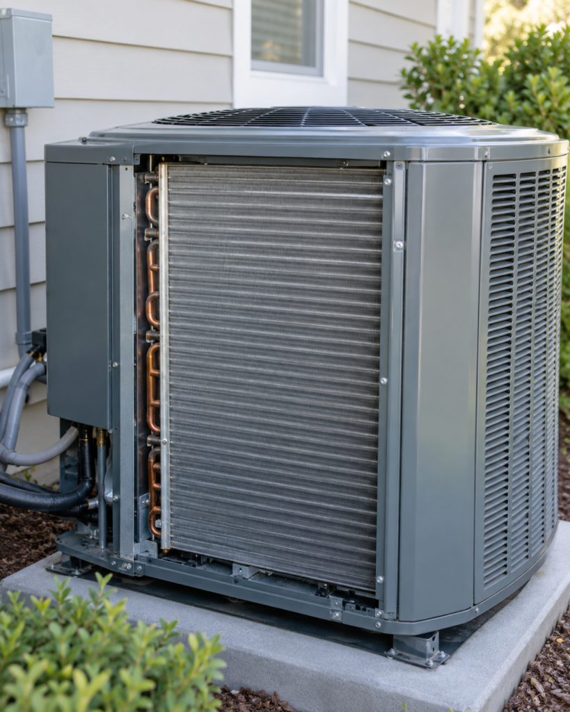 Outside side view of a residential home air conditioning machine.
