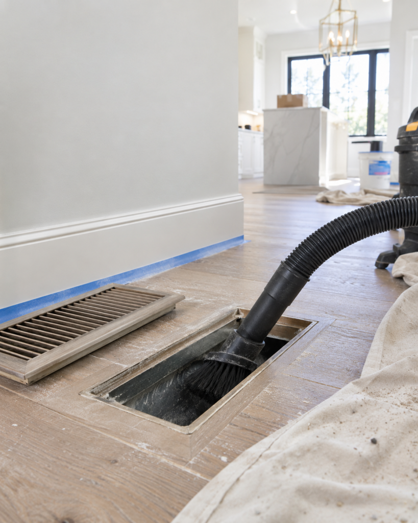 View of an air duct cleaning tool inside a home floor ground vent with construction debris.